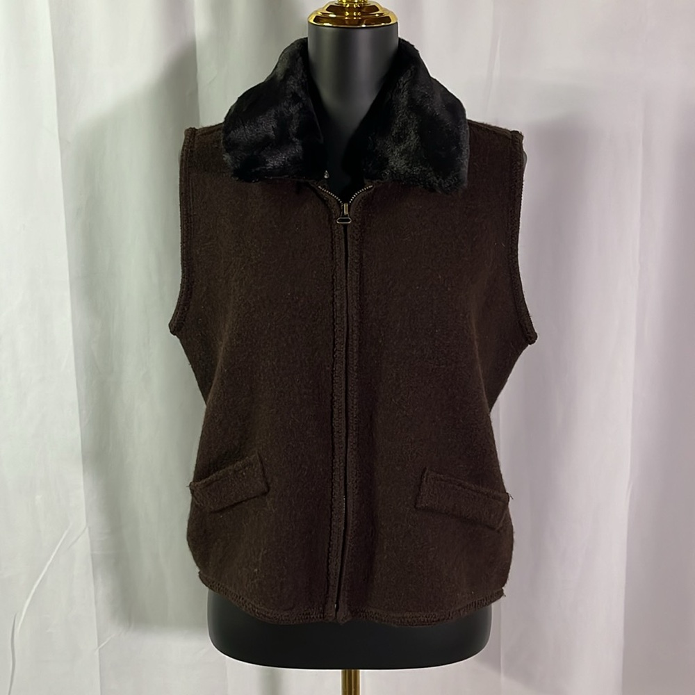 Tally-Ho Brown Removable Fur Collar Zip Front Wool Vest